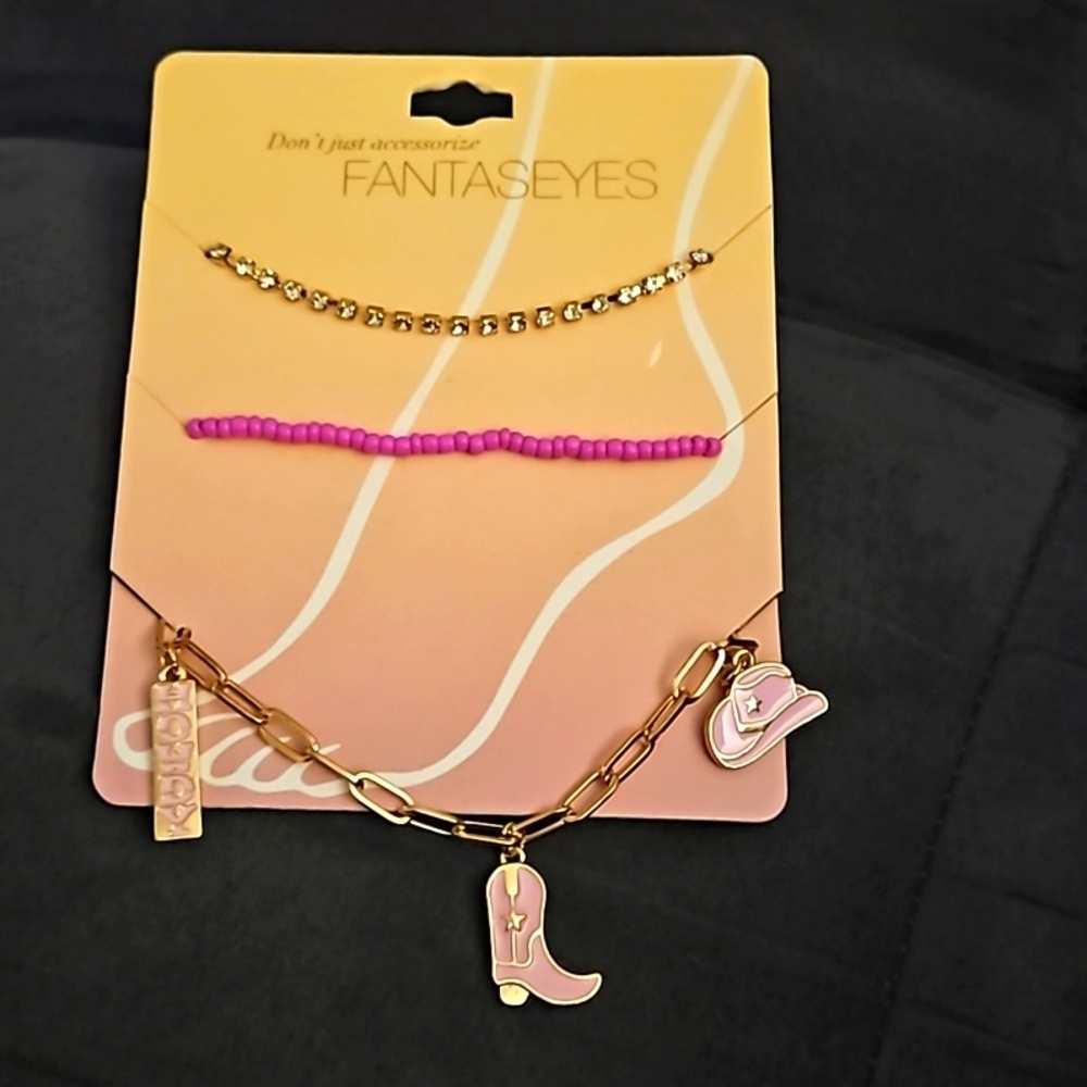 Fantaseyes Womens 3 Anklets Pink Howdy Star Boot Cowboy Hat Gold Chain-Link Bead